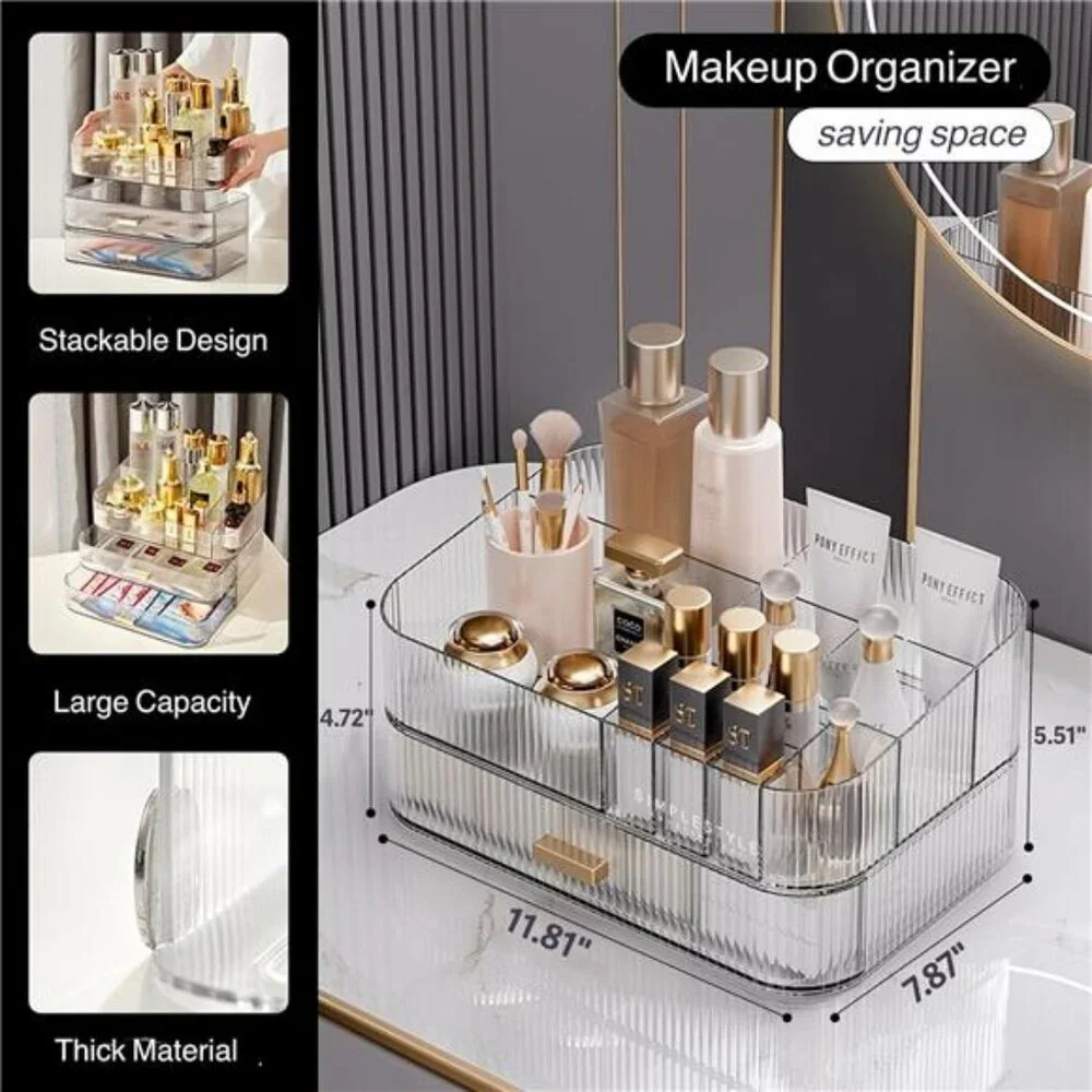 Clear makeup organizer stackable drawer storage for cosmetics skincare vanity